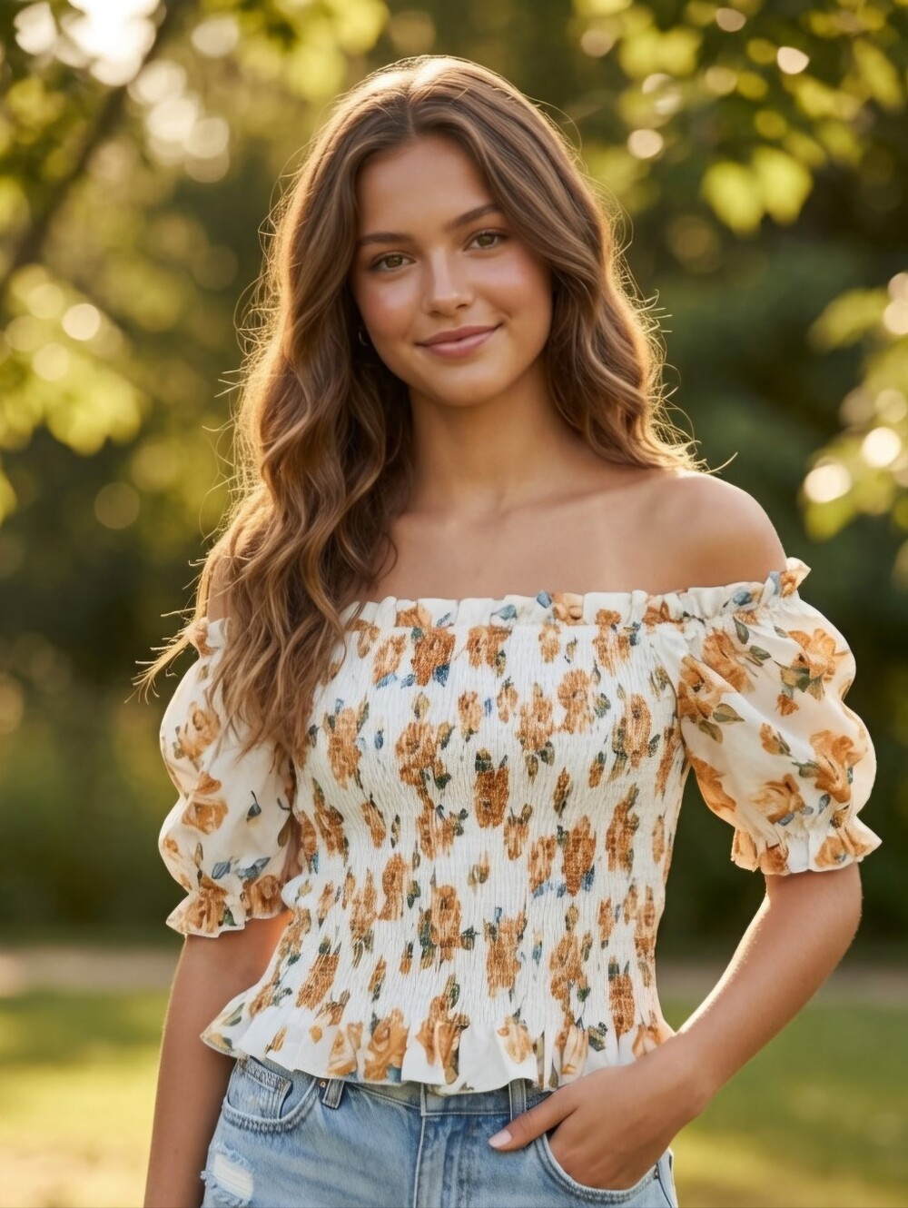 Undocumented Brand Smocked Off-Shoulder Floral Crop Top in Yellow Floral Sz M
